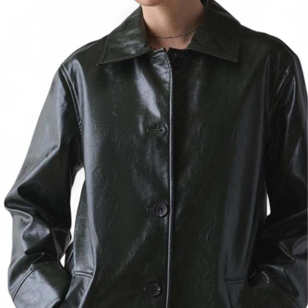 Urban Outfitters Jojo Faux Leather Trench Coat Small Dark Green - Picture 3 of 5